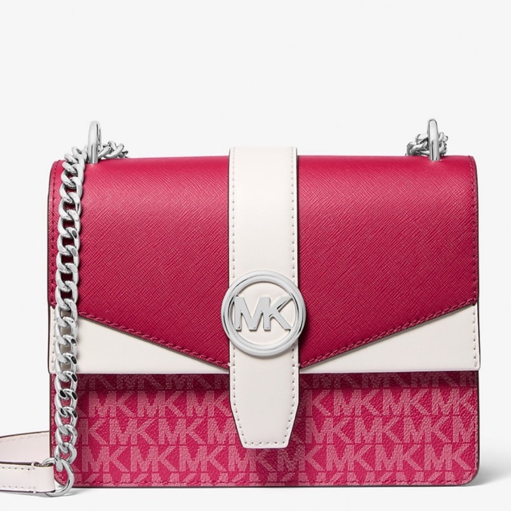 Michael Kors Greenwich Small Color-Block Signature Crossbody Bag Dark Raspberry - Picture 1 of 9